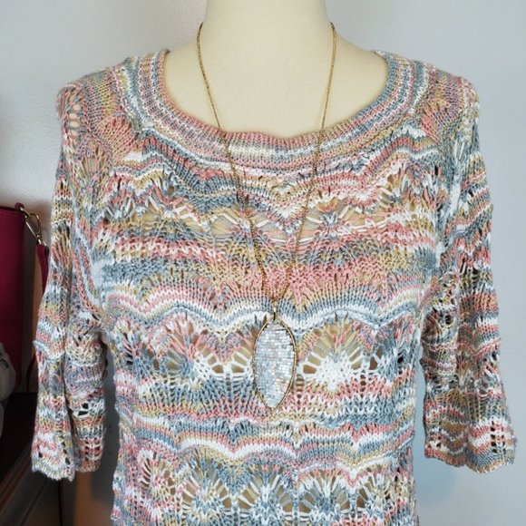 Westport Beautiful Gray Pink Tan White Crochet Tunic Sweater, NWT, XS - Picture 2 of 8